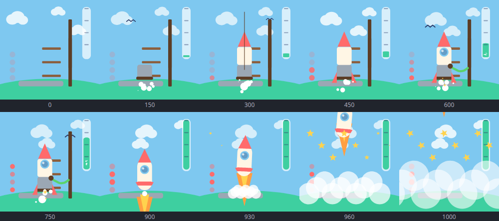 A contact sheet of ten frames from the rocket launch animation: the rocket is built up on its gantry through frame 900, then launches through clouds and stars by frame 1000