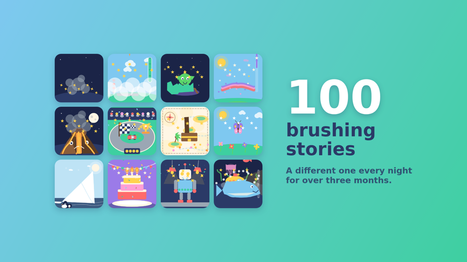 A wall of twelve story tiles beside the words 100 brushing stories, a different one every night for over three months