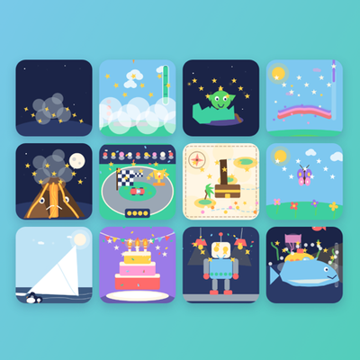 A grid of twelve Funny Tooth Timer brushing-story scenes