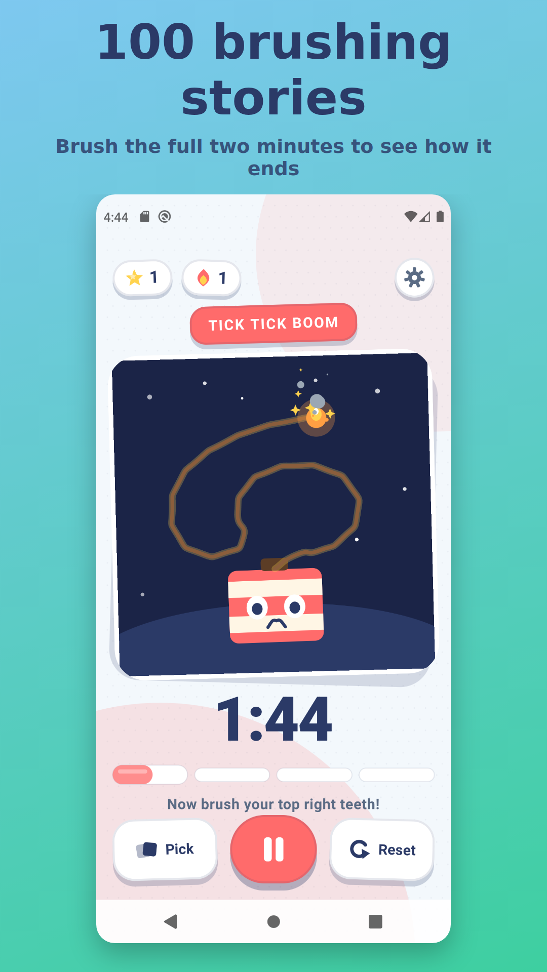 Funny Tooth Timer's timer screen: a lit fuse coils across a night sky toward a worried stick of TNT, with 1:44 left on the clock